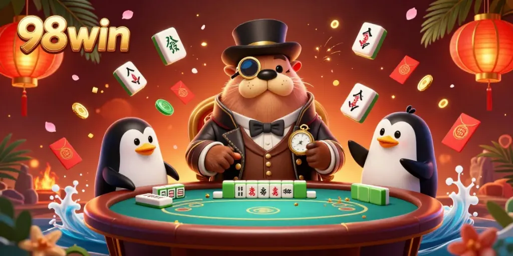 Experience the thrill of 98win with a jolly walrus at an underwater poker table, surrounded by game elements.