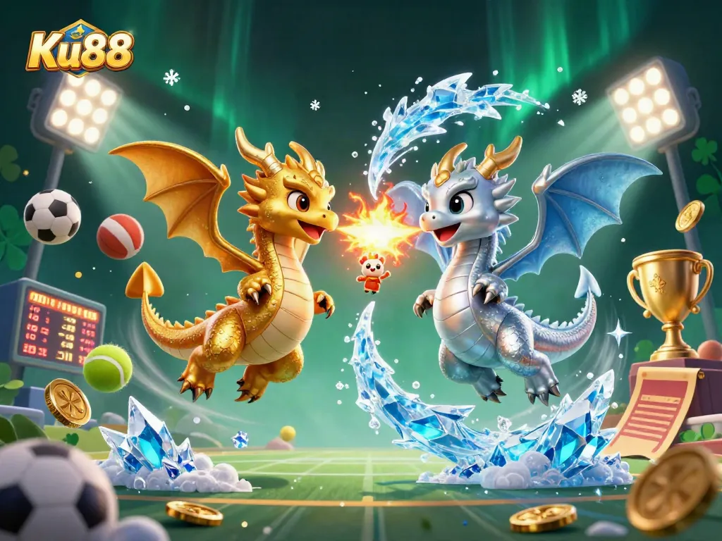 Ku88 enhances gaming excitement with dragon characters and vibrant sports betting elements.