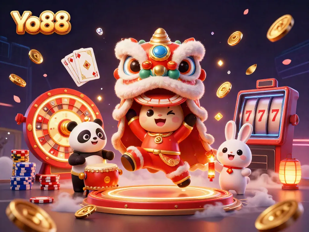 Experience the excitement of Yo88 with a colorful lion dance, cascading coins, and vibrant casino elements.