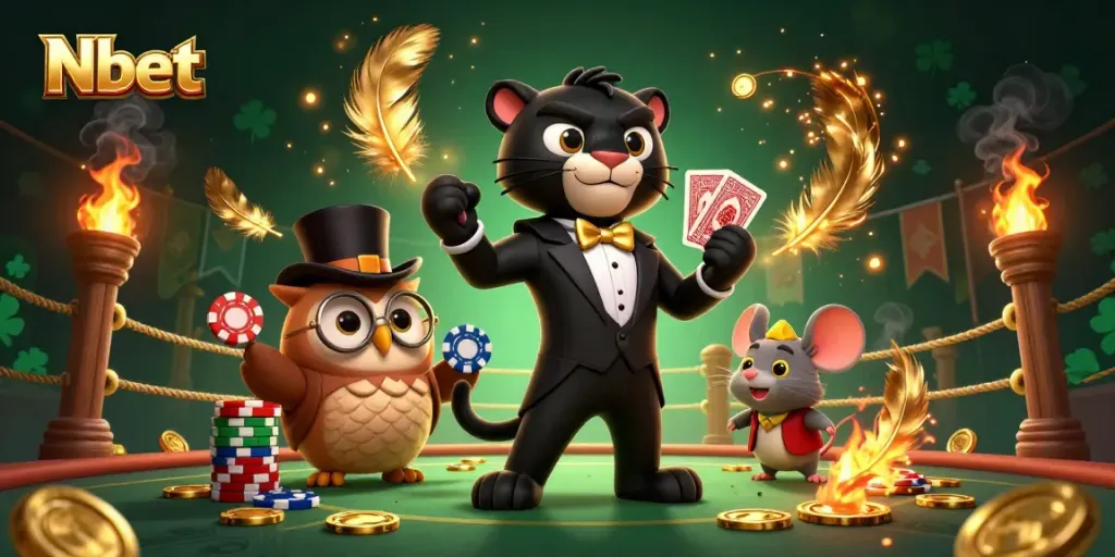 Nbet showcases an elegant cartoon scene with a tuxedoed panther, an owl, and a lucky mouse engaging in a dynamic gambling atmosphere.
