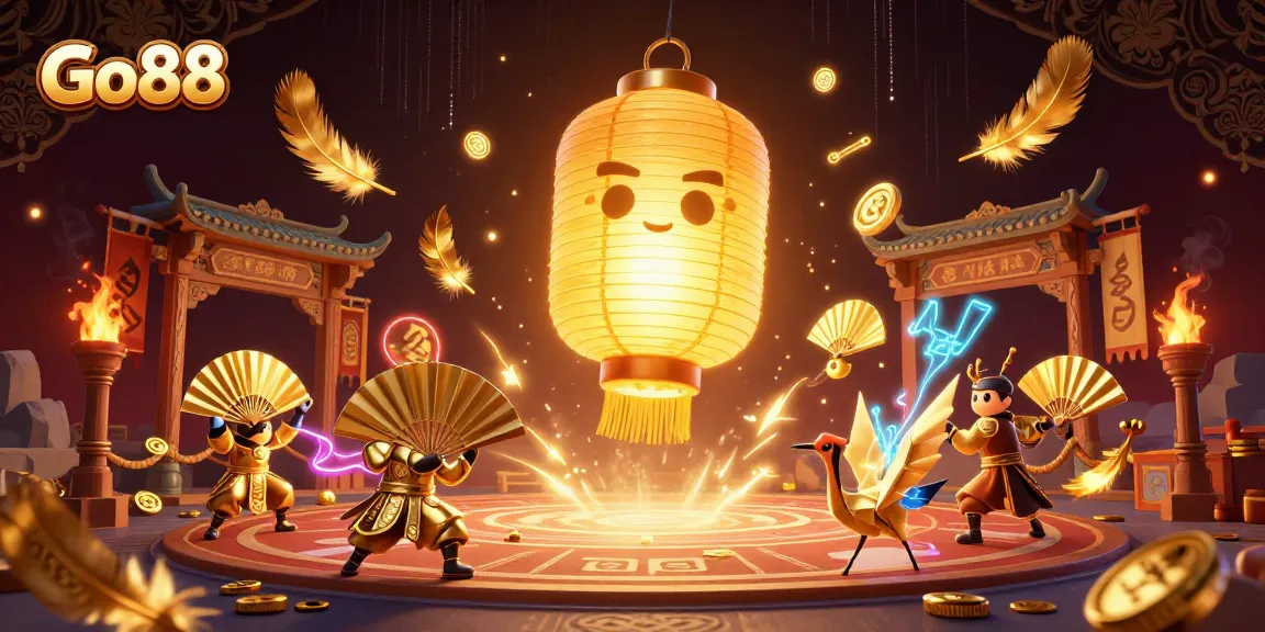 Engage with Go88's vibrant casino scene featuring a mystical lantern spirit and warriors.