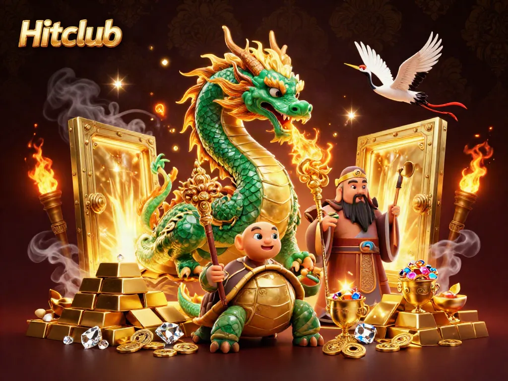 Experience the vibrant energy of Hitclub with golden treasures and mythical creatures in a stunning illustration.