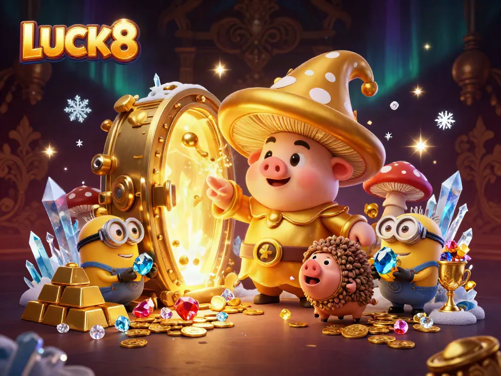 Experience the magic of LUCK8 with a golden wizard and treasure, surrounded by jewels.