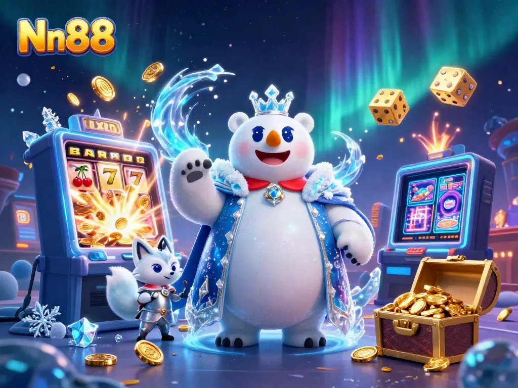 Nn88 evokes excitement as cartoon characters celebrate with jackpots, casino games, and dazzling visuals.