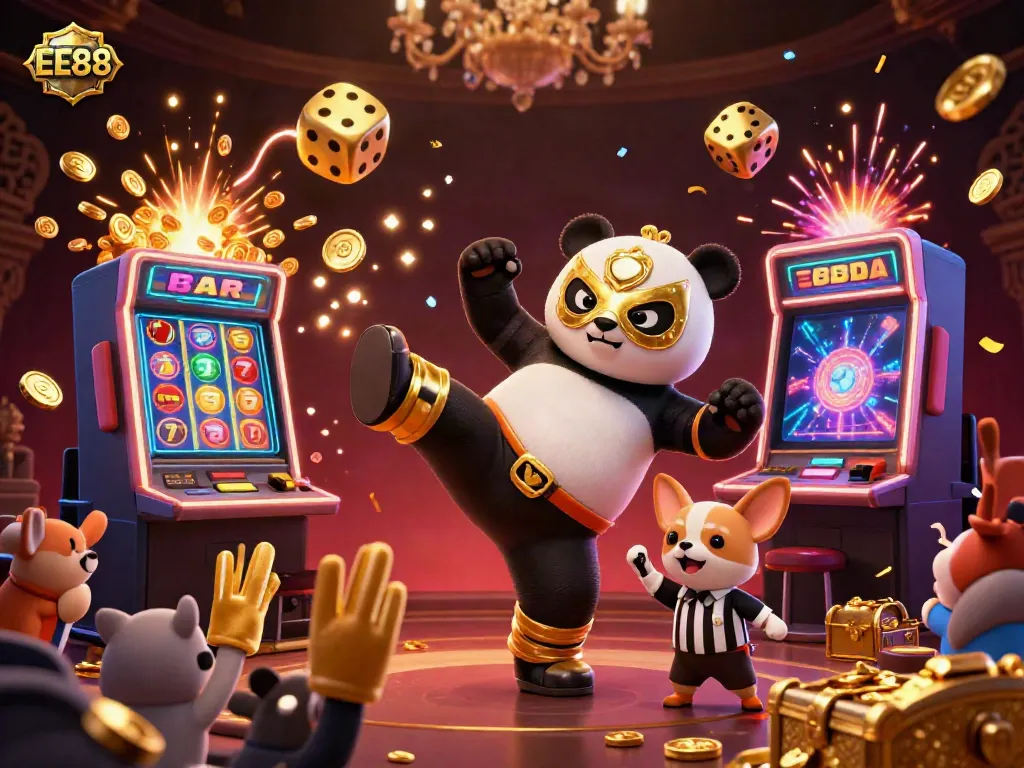 Experience the thrilling action with EE88 as a panda kicks amidst dazzling casino elements in a vibrant 3D scene.