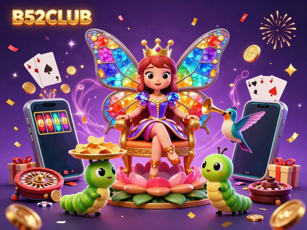 B52CLUB vibrant gaming scene with a butterfly queen, gaming elements, and celebration effects.