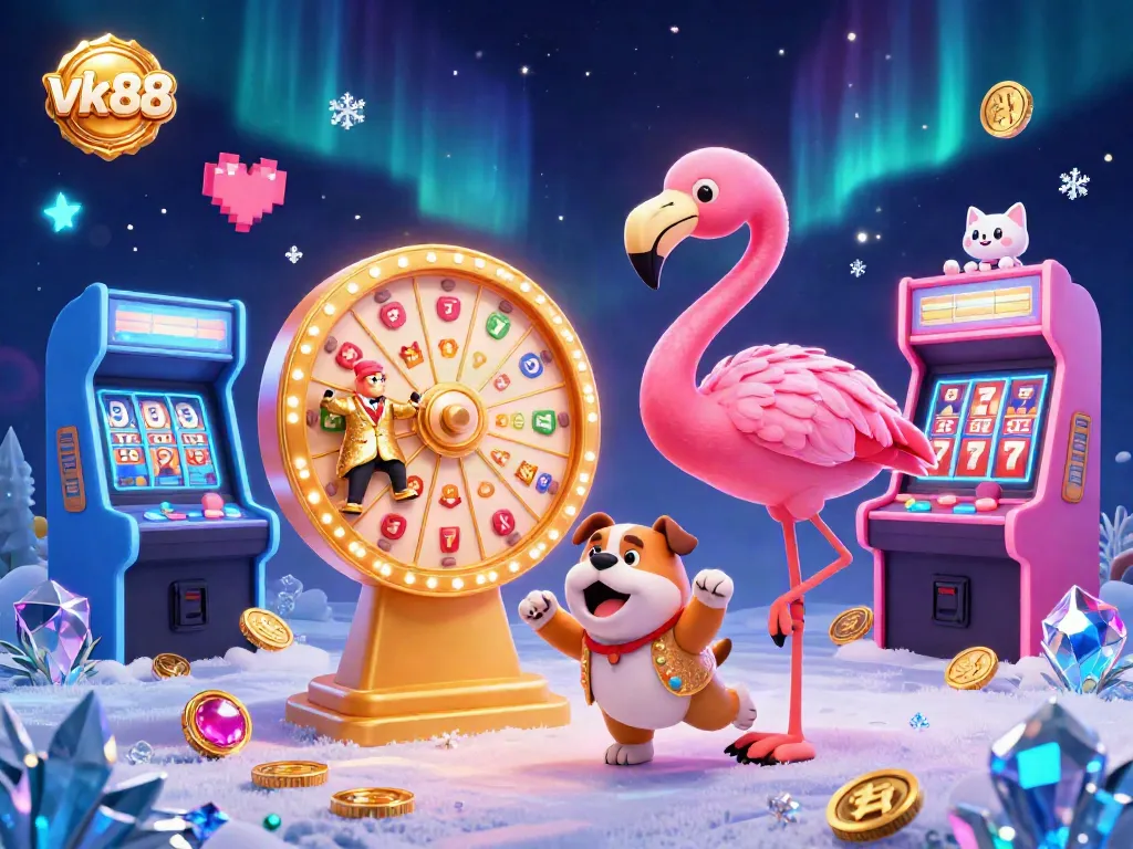 Engage with vk88's casino excitement through an animated illustration depicting a vibrant prize wheel event.