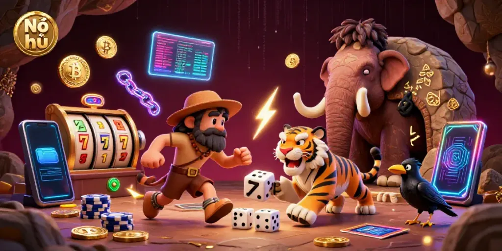 Experience thrilling Nổ hũ action with prehistoric characters in a vibrant casino environment.
