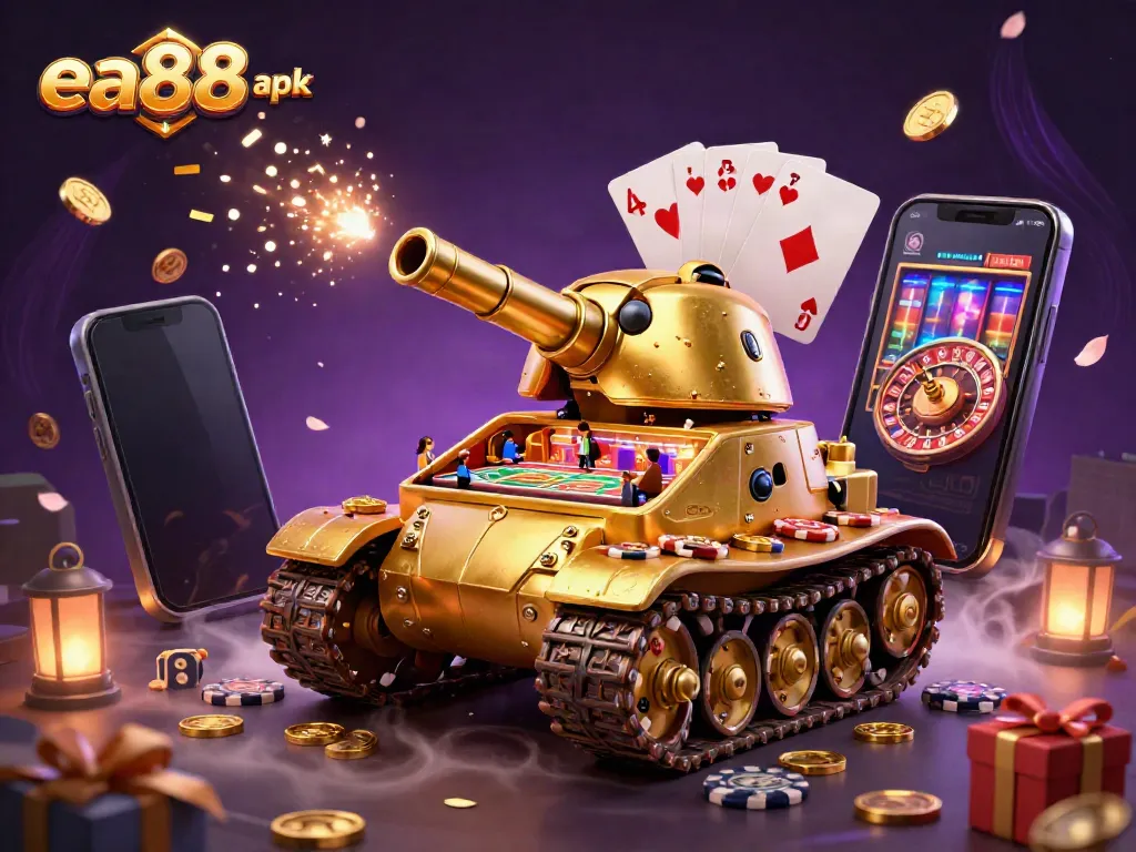 Experience the vibrant excitement of the ea88 apk casino with a golden beetle tank showcasing a miniature casino scene.