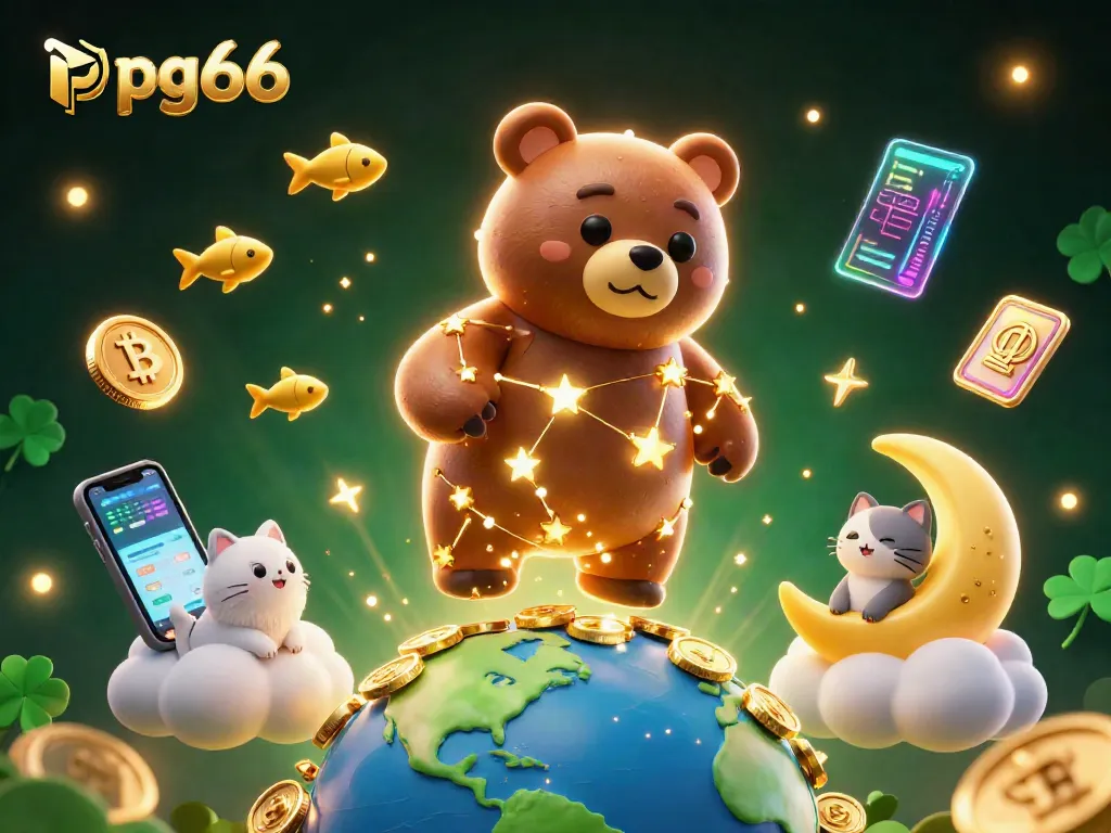 pg66 illuminates the digital gambling scene by showcasing shimmering coins and vibrant elements in a captivating 3D illustration.