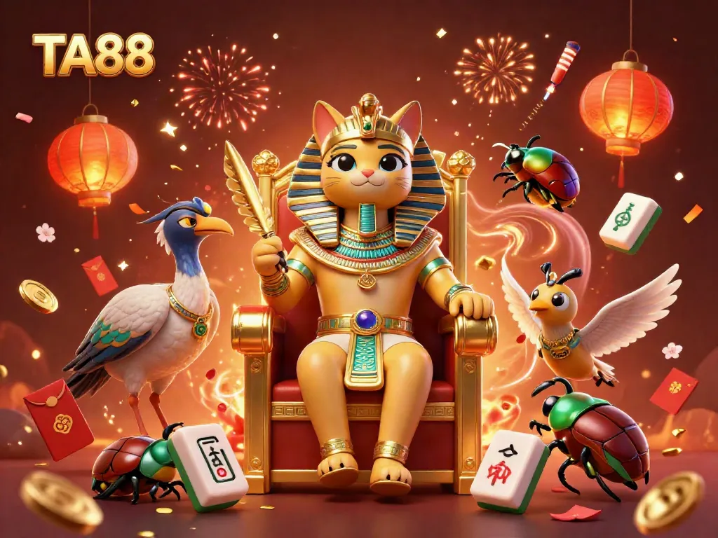 Experience TA88's vibrant casino world with pharaoh cat, ibis scribe, and exciting gaming elements.