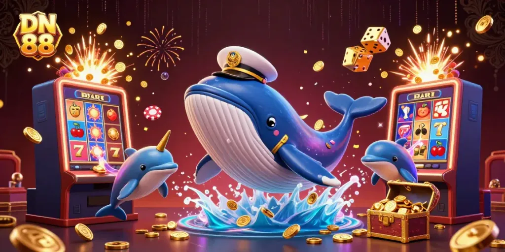 Experience thrilling gameplay with DN 88, featuring a cartoon whale and 3D slot machine bursting with coins.