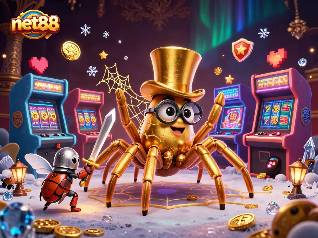 Engage with net88’s dynamic casino adventure featuring a golden tarantula and beetle knight amid vibrant arcade visuals.