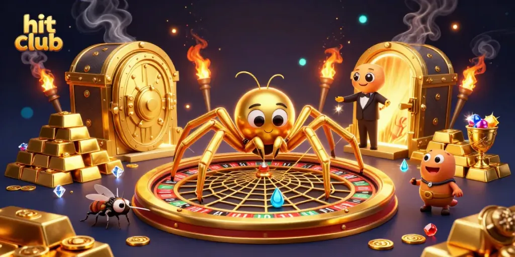 Bet at hit club's vibrant casino scene with golden spider and roulette wheel, capturing excitement and winning potential.