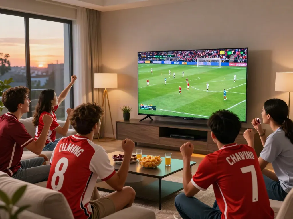 Friends enjoying a live football match on Thapcamtv in a cozy living room.