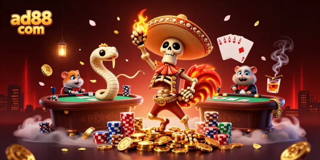 Experience exciting wins with ad88 com's vibrant casino scene featuring colorful characters and dynamic gaming elements.