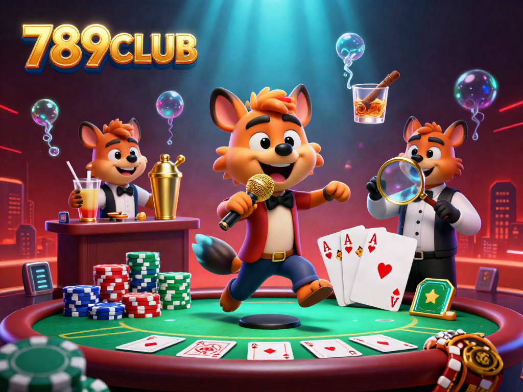 Catch the fun at 789CLUB with animated hyenas in a vibrant comedy casino scene, showcasing poker elements and party energy.