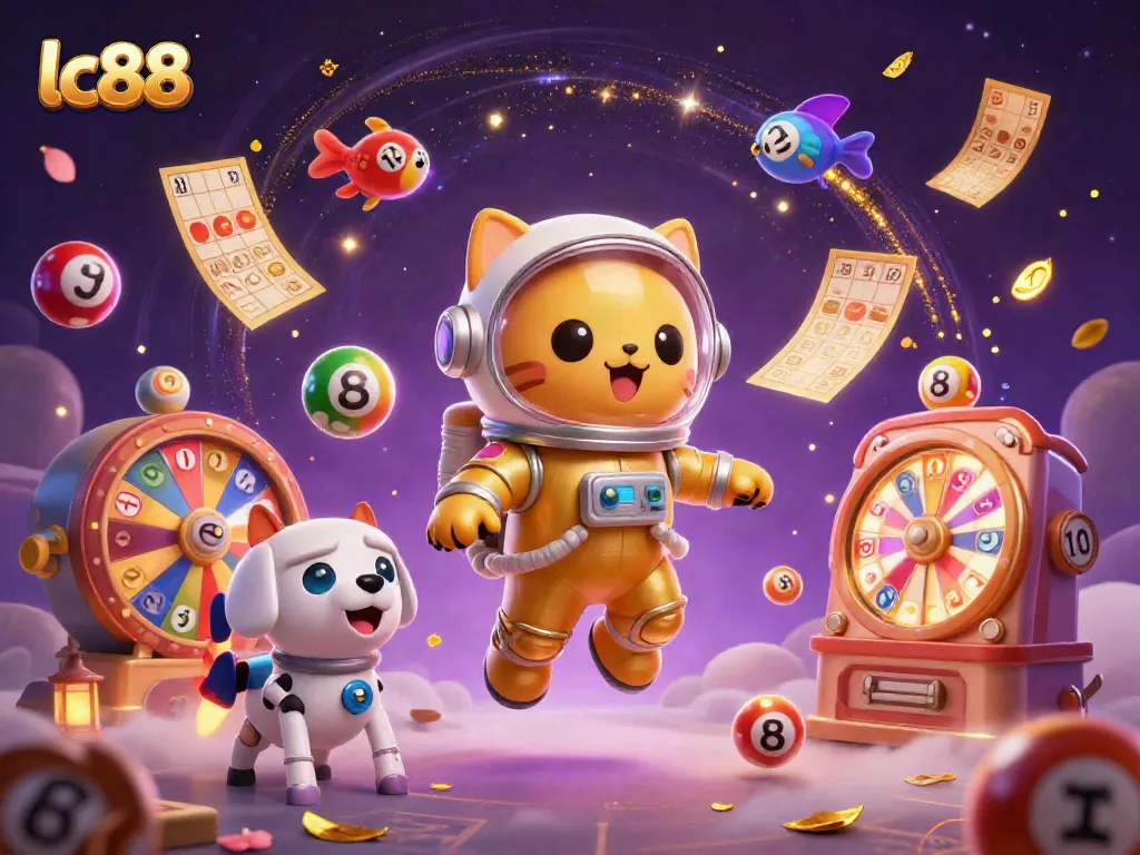 Engage in exciting gambling action with lc88's dynamic 3D digital illustration of a casino-themed cartoon scene.