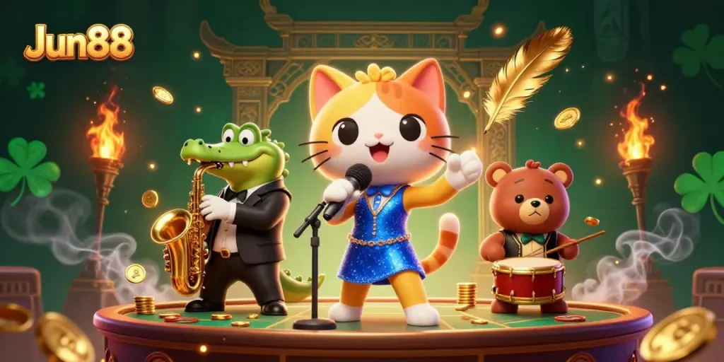 Jazz up your bets with Jun88's vibrant casino illustration showcasing lively characters and dynamic game elements.
