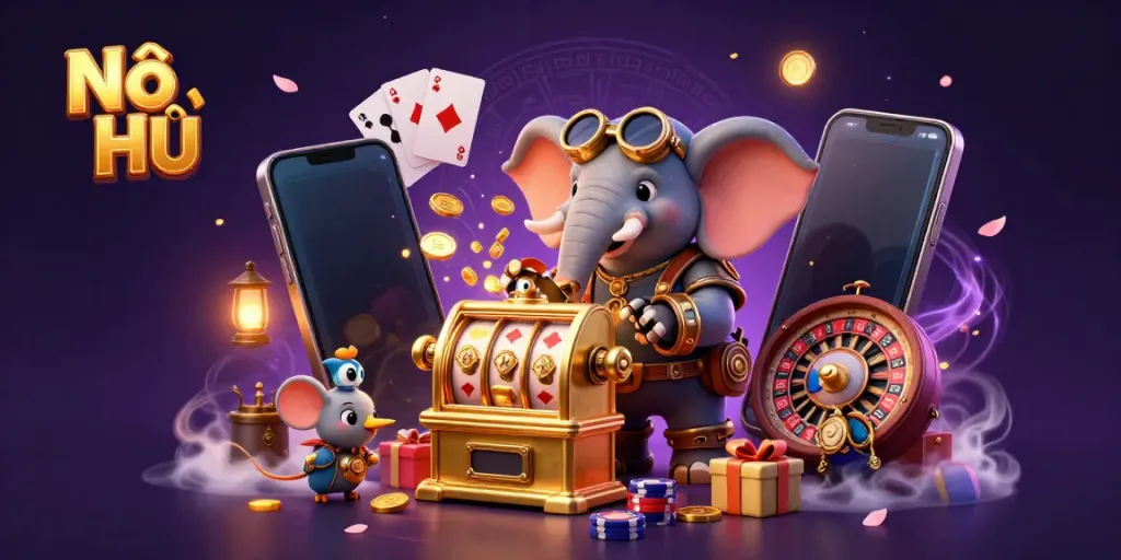 Nổ Hũ features a steampunk elephant operating a slot machine amidst dynamic casino elements and rich visuals.
