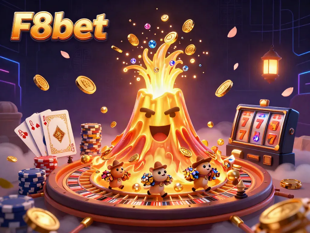 Experience thrilling gameplay at F8bet with a vibrant illustration of treasure-filled casino moments.
