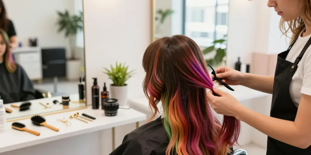 Professional hairstylist applying hair extensions in a stylish salon