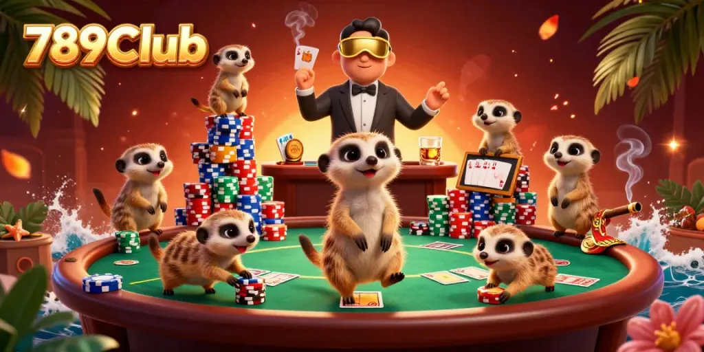 Experience thrilling games at 789Club with meerkats managing an exciting casino atmosphere.