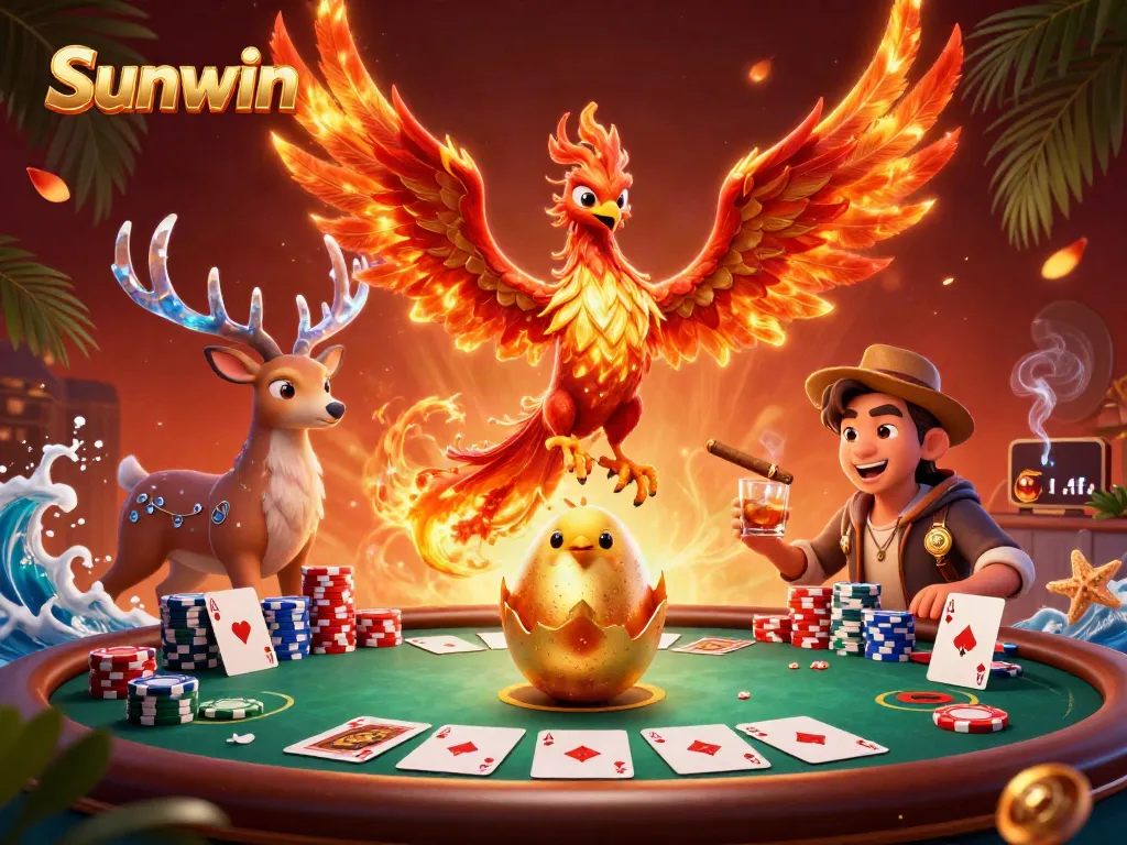 Experience the vibrant world of Sunwin with a mystical phoenix, poker scene, and rich casino elements.